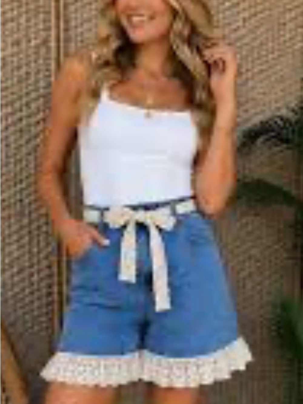 Young Threads Lace-Hem Denim Shorts with Tie Belt - Blue